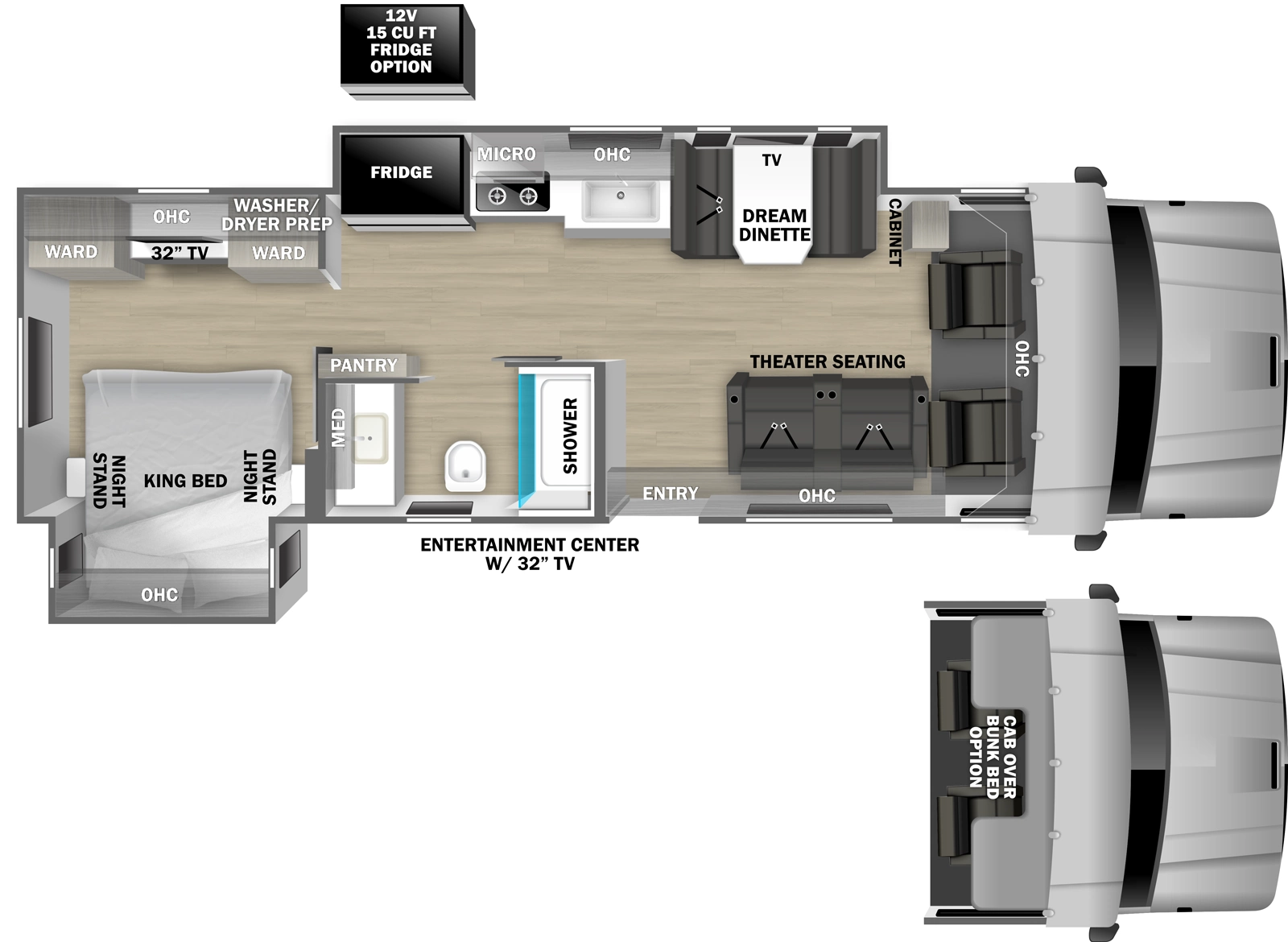 The DX3 32KD floorplan has one entry and two slide outs. Exterior features include: 16' awning and outside entertainment. Interiors features include: rear bedroom, bunk over cab and dinette.